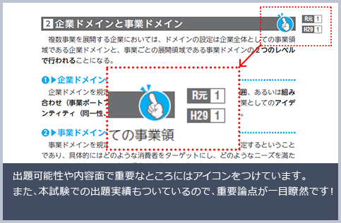 出題可能性や内容面で重要なところにはアイコンをつけています。また、本試験での出題実績もついているので、重要論点が一目瞭然です！